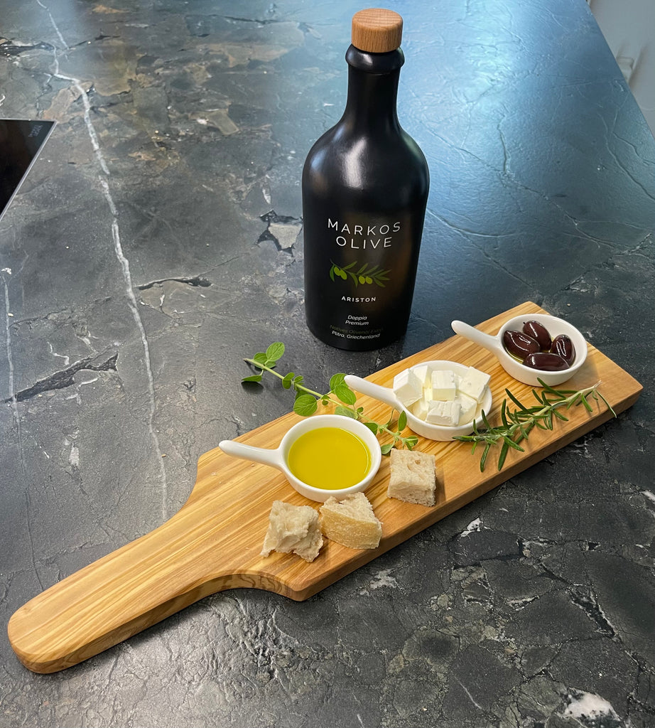 Vorspeisenbrett aus Olivenholz mit 3 Porzellanschälchen – Servierplatte für Antipasti, Dips & Snacks