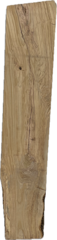 Massives Olivenholzbrett mit markanter Maserung, Rissen, Astloch und Rindenkante – einzigartiges Naturstück für kreative Holzprojekte oder Möbelbau.