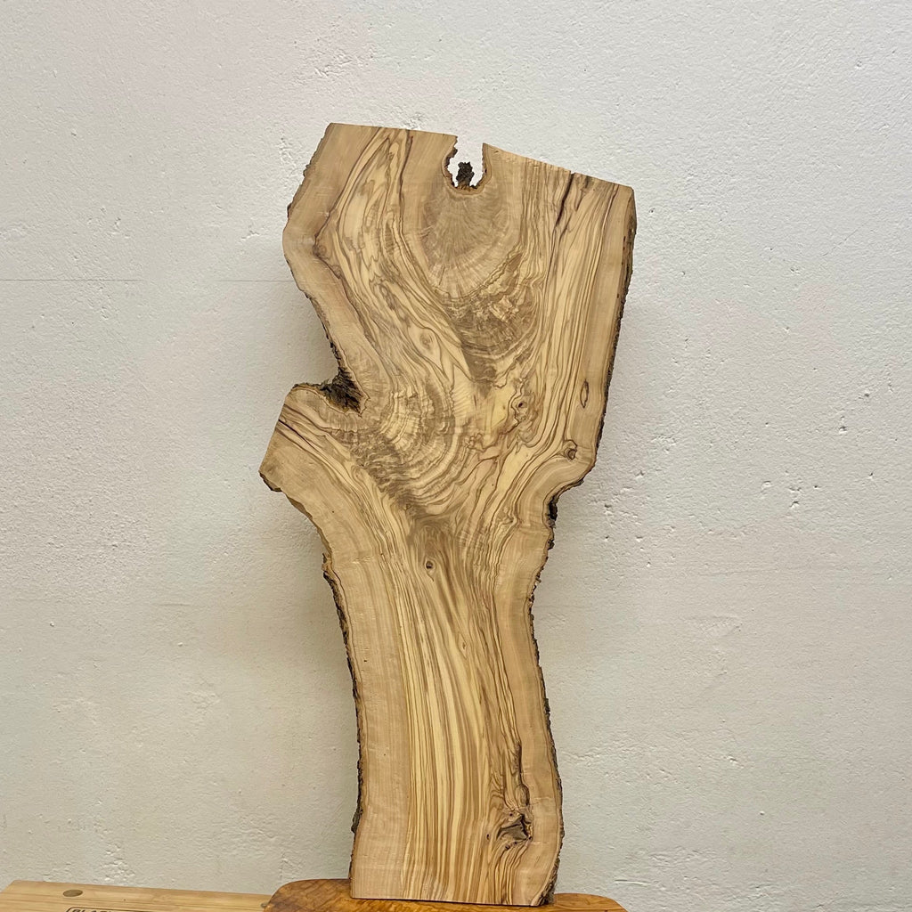 Design-Olivenholz-Brett W508 mit Naturkante, Astloch und spektakulärer Maserung, 730 × 330–180 × 16 mm.