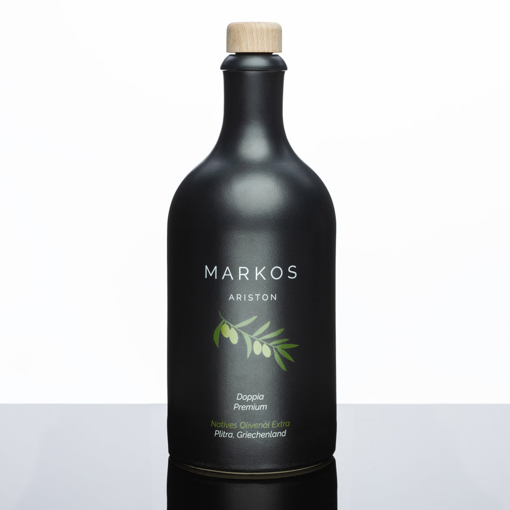 MARKOS ARISTON PREMIUM OLIVENOEL Steinzeugflasche Frontansicht