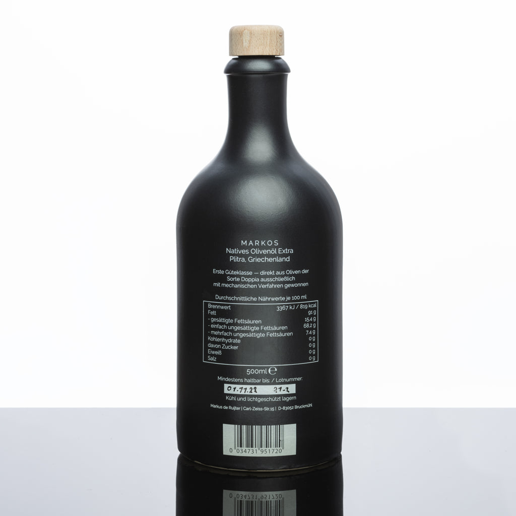 MARKOS ARISTON PREMIUM OLIVENOEL Steinzeugflasche Rueckansicht