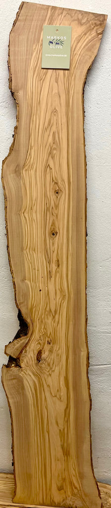 Olivenholzbrett mit natürlicher Rinde, Astloch und edler Maserung – 1380 mm lang, ideal für Fensterbank, Regal oder kreative Einrichtung