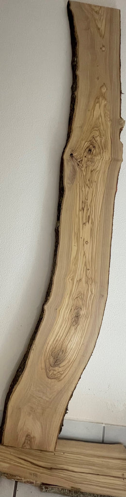 Stark gebogenes Olivenholzbrett mit naturbelassener Rinde und lebendiger Maserung – stehend an weißer Wand