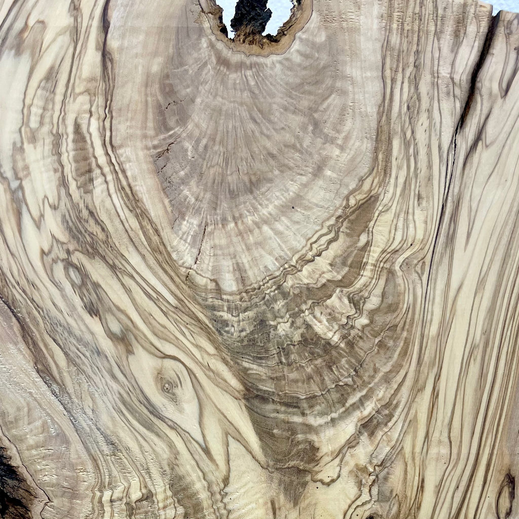Detail des Design-Olivenholz-Bretts W508 mit konzentrischer Maserung und rustikaler Struktur.